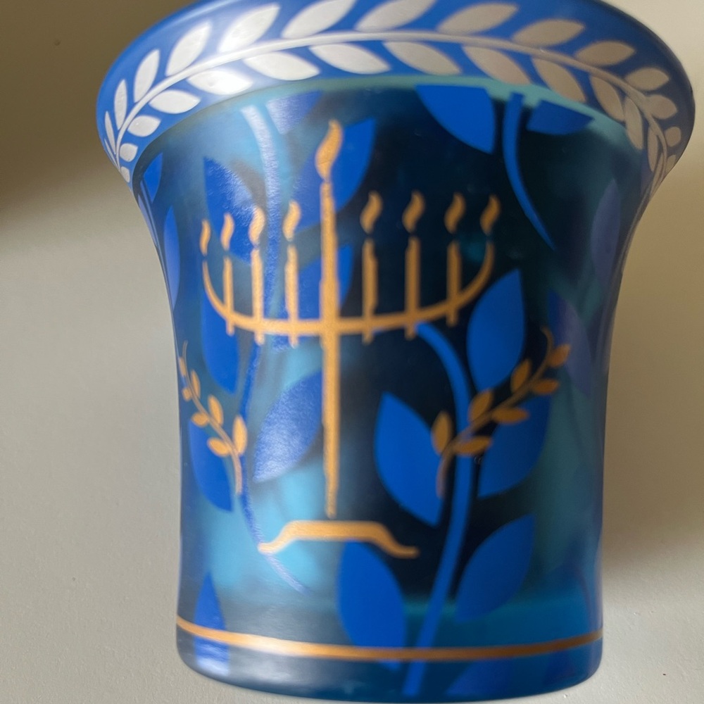 Russ vintage Blue and Gold Menorah Glass with vanilla candle